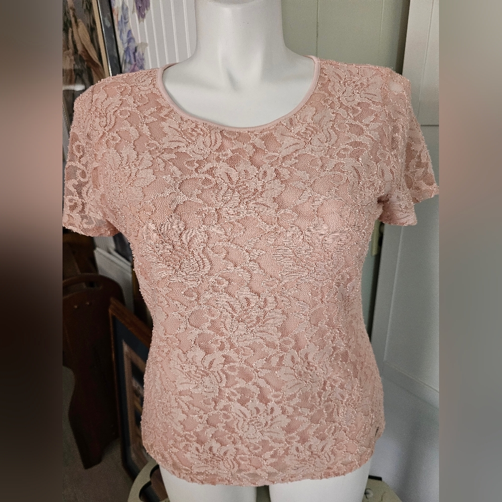 Calvin Klein Lace Rose Blush Blouse Never Worn Sz Lg 10-12 Easter Spring Modest